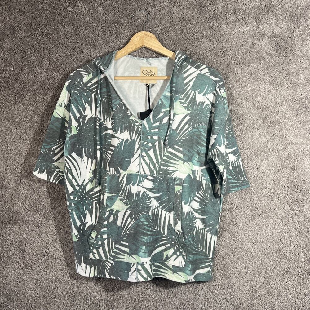 Chaser Womens Small Green Leaf Print Crop Hoodie Top Short Sleeve NWT
